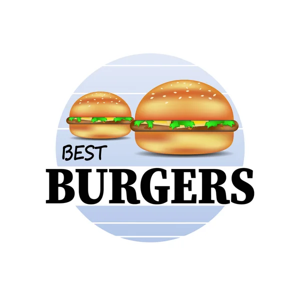 Emblema degli hamburger. Miglior etichetta fast food hamburger. Costoletta di carne saporita con formaggio, verdure e panino croccante . — Vettoriale Stock