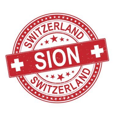 Beyaz arkaplanda Sion İsviçre kauçuk pul simgesi logosu
