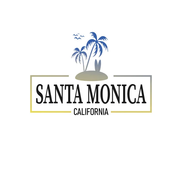 Ilustración vectorial sobre el tema del surf en California, playa de Santa Mónica. Tipografía, T-shirt graphics, print, poster, banner, flyer, postal — Vector de stock