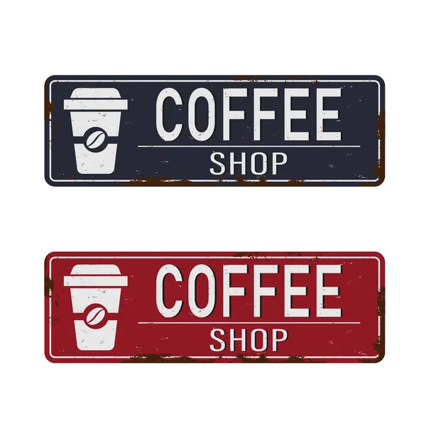 Винтажный металлический знак кофейни на белом фоне, векторная иллюстрация — стоковый вектор