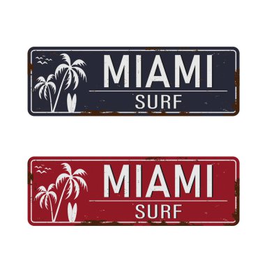 Beyaz arka planda Miami sörf klasik paslı metal tabelası, vektör illüstrasyonu
