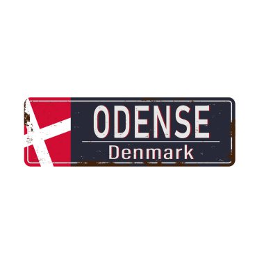 Beyaz arkaplanda izole edilmiş Odense metal yol işareti.