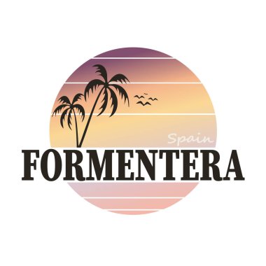Formentera rozeti. İspanyol palmiyeli ve plajlı Formentera adası işareti. Renkli logo. Vektör illüstrasyonu.