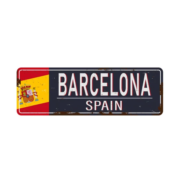Cartel metálico antiguo de recuerdo retro de Barcelona España. Plantillas magnéticas vintage para los destinos turísticos más populares . — Vector de stock