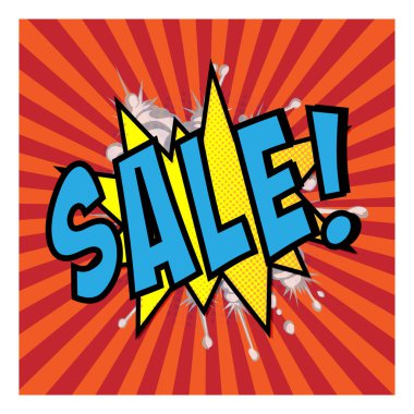 Satılık pop sanat splash arka plan, patlama çizgi roman kitap tarzı. Reklam tabela, fiyat indirimi, Satılık yarı ton noktaları ile kırmızı zemin üzerinde bulutlar kirişler. Vektör şablon için ad, kapakları, posterler.