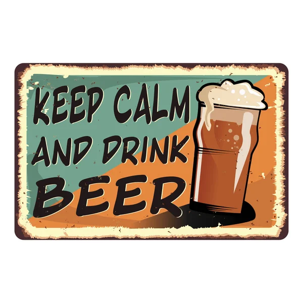 Mantenga la calma y beber tarjeta de cerveza signo de metal — Vector de stock