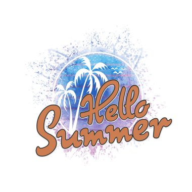 Merhaba Summer. Parlak renkli suluboya arka planda düz palmiye ağaçları olan modern kaligrafik tişört tasarımı. Canlı iyimser yaz broşürü, poster, kumaş baskı tasarımı vektör içinde
