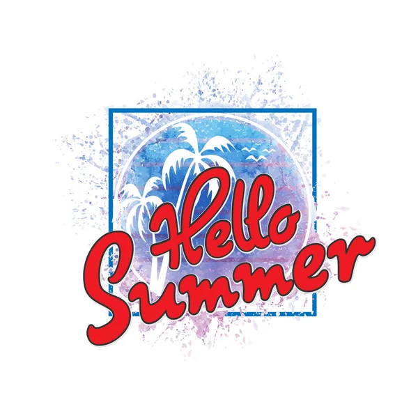 Hallo Sommer. Modernes kalligrafisches T-Shirt-Design mit flachen Palmen auf leuchtend buntem Aquarell-Hintergrund. Sommerflyer, Poster, Stoffdruckdesign in Vektor — Stockvektor