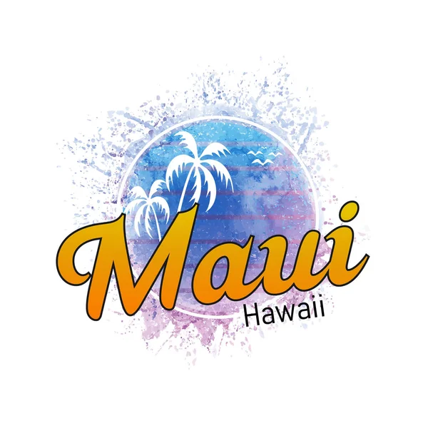 Maui Hawaii surf logo acuarela splash banner and sunset — Vector de stock