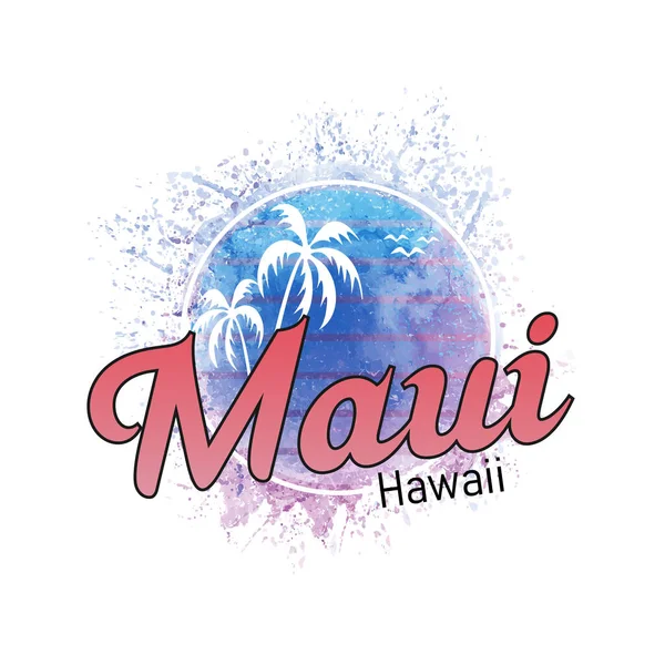 Maui Hawaii surf logo aquarel splash banner en zonsondergang — Stockvector