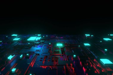 Çekirdek işlemci kavramına sahip 3D fütüristik mavi devre kartı. Ana kartta işlemci çipi. Mikroçipli nanoteknoloji bilgisayar mikroişlemci çipi. Sci Fi 3d görüntü arkaplanı.