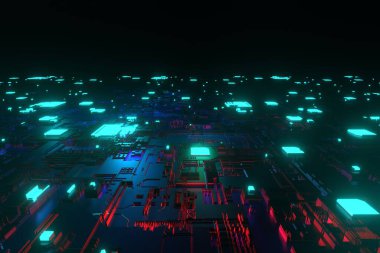Çekirdek işlemci kavramına sahip 3D fütüristik mavi devre kartı. Ana kartta işlemci çipi. Mikroçipli nanoteknoloji bilgisayar mikroişlemci çipi. Sci Fi 3d görüntü arkaplanı.