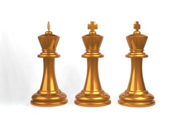 Satranç şah mat konsepti 3D. Altın metalik satranç figürlerinin bembeyaz arka planda büyük ve küçük taşlarla resmedilmiş hali. Yüksek çözünürlüklü 3B görüntüleme