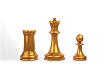 Satranç şah mat konsepti 3D. Altın metalik satranç figürlerinin bembeyaz arka planda büyük ve küçük taşlarla resmedilmiş hali. Yüksek çözünürlüklü 3B görüntüleme