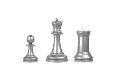 Satranç şah mat konsepti 3D bembeyaz arka planda büyük ve küçük taşlara sahip gümüş metalik satranç figürlerinin çizimi. Yüksek çözünürlüklü 3B görüntüleme