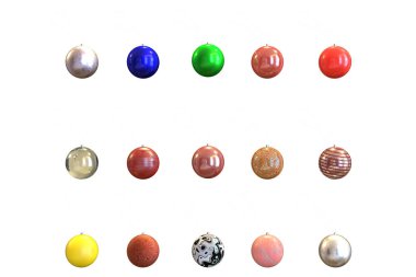 Çeşitli desenli Noel balosu dekorasyon küresinin 3 boyutlu resimlendirmesi. Geleneksel kış süsü Mutlu Noeller, Yeni Yıl festivalleri. Kırpma yolu.