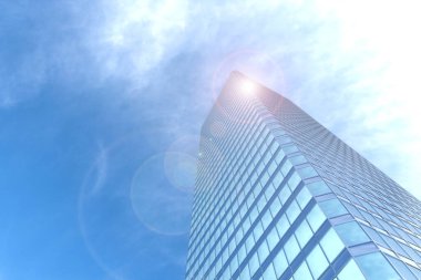 3D resimleme. Modern bina cam cepheleri gökdelenler şehir mimarisi mavi gökyüzü bulutlu ve güneş ışınları efektli. Şehir konseptinde iş ve mali