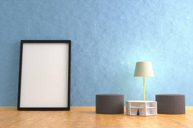 Boş oturma odası modern çatı katı tasarımı. Beton duvar, tuğla ve ahşap döşeme. Boş alan 3D çizim tasarımı.