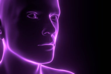 3D görüntüleme. Hacker yapay zekası siber uzay konseptinde Hitech 'le yüzleşiyor. Cyborg lider ikili kod matrisi yağmur sembolleri. Siber Punk programlama kodu teknolojisi arka planı
