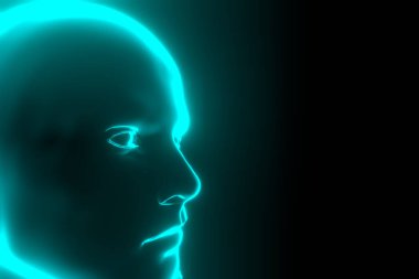 3D görüntüleme. Hacker yapay zekası siber uzay konseptinde Hitech 'le yüzleşiyor. Cyborg lider ikili kod matrisi yağmur sembolleri. Siber Punk programlama kodu teknolojisi arka planı