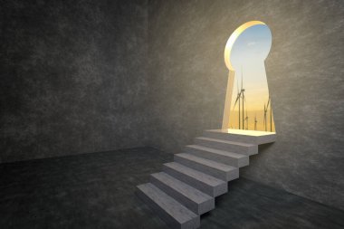 3d rendering illustration .Stair into keyhole door on dirty concrete wall background with exit way for freedom life . Future of successful, opportunity and startup concept.dark scene.nobody clipart