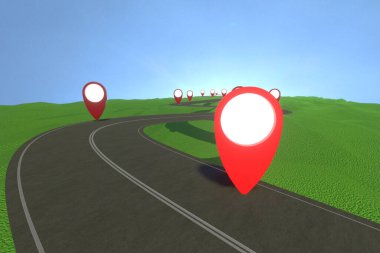 3D çizim. Çim tarlasının üzerindeki yol. Mavi arka planda kırmızı iğne işaretleriyle başarıya giden yol. İş seyahati konumu yolu.