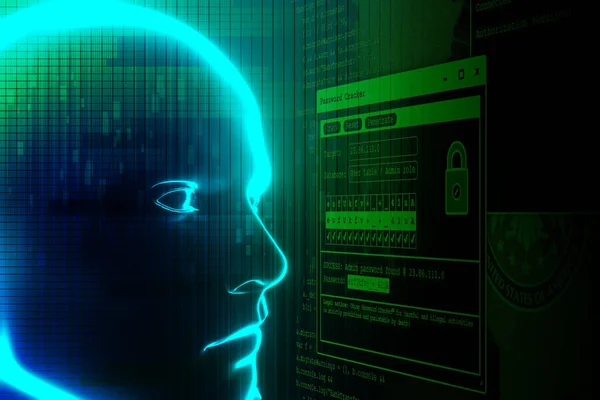 3D rendering illustration .Hacker artificial intelligence  face hitech in cyberspace concept. Cyborg head man binary code matrix rain random symbols. Cyberpunk programming code technology background