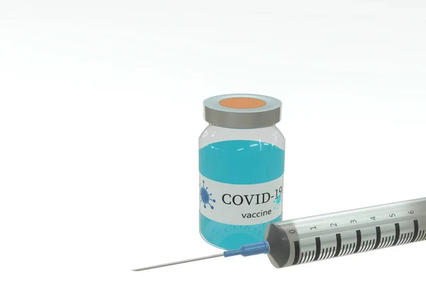 3Dモデルは イラスト医療ワクチンウイルスや注射器の注射をレンダリングします 予防のためのコロナウイルスワクチン 白で隔離された予防接種や治療 研究科学と医学の概念 — ストック写真