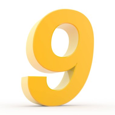 Beyaz arkaplan illüstrasyonunda 9 numaralı sarı altın koleksiyonu 3D görüntüleme