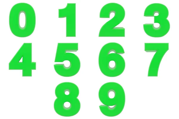 Номер от 0 до 9 зеленого цвета 3D рендеринг на белом фоне — стоковое фото