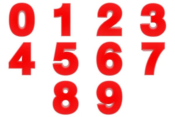 Zahl von 0 bis 9 rote Farbe 3D-Darstellung auf weißem Hintergrund — Stockfoto