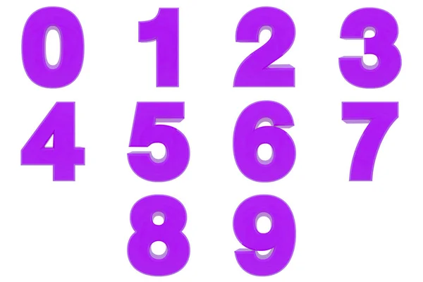 Número de 0 a 9 color púrpura representación 3D sobre fondo blanco — Foto de Stock