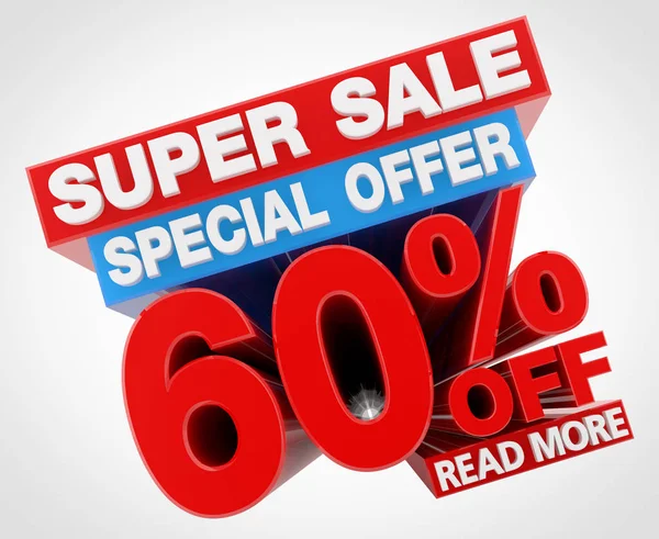 SUPER SALE SPECIAL OFFER 60 % OFF READ MORE word on white background illustration 3D rendering — 스톡 사진