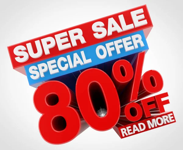 SUPER SALE SPECIAL OFFER 80 % OFF READ MORE word on white background illustration 3D rendering — 스톡 사진