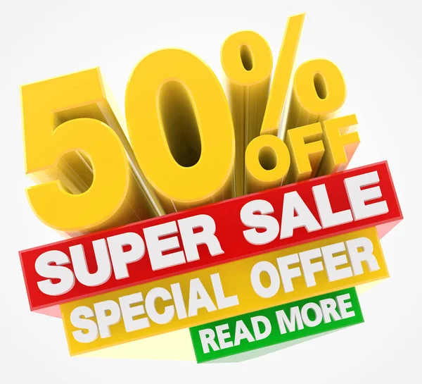 SUPER SALE SPECIAL OFFER 50 % OFF READ MORE word on white background illustration 3D rendering — 스톡 사진