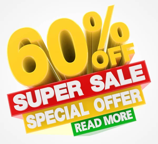 SUPER SALE SPECIAL OFFER 60 % OFF READ MORE word on white background illustration 3D rendering — 스톡 사진