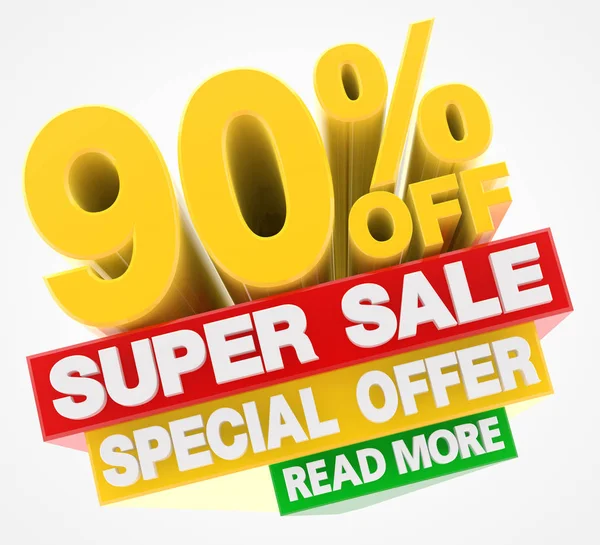 SUPER SALE SPECIAL OFFER 90 % OFF READ MORE word on white background illustration 3D rendering — 스톡 사진