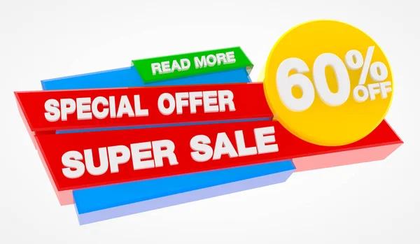 SUPER SALE SPECIAL OFFER 60 % OFF READ MORE word on white background illustration 3D rendering — 스톡 사진