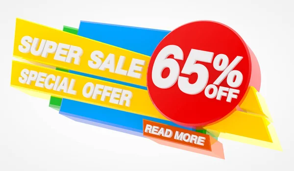 Super Sale Special Aanbieding 65% korting Lees meer woord op witte achtergrond illustratie 3d rendering — Stockfoto