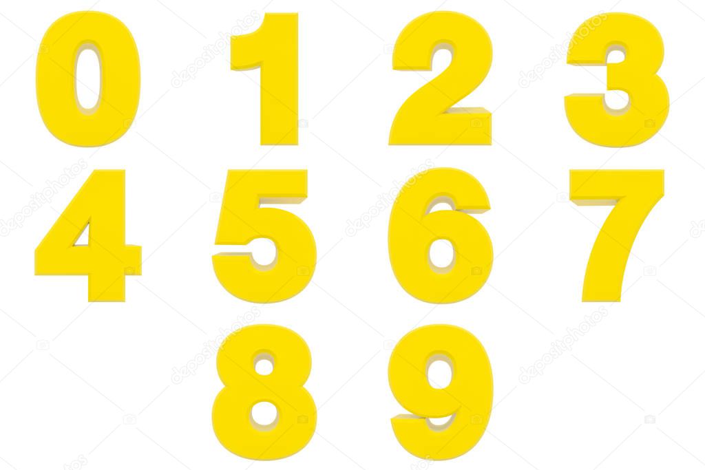 Number from 0 to 9 yellow color 3D rendering on white background