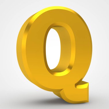 Beyaz arkaplan illüstrasyonunda Q altın alfabesi sözcüğü 3D görüntüleme