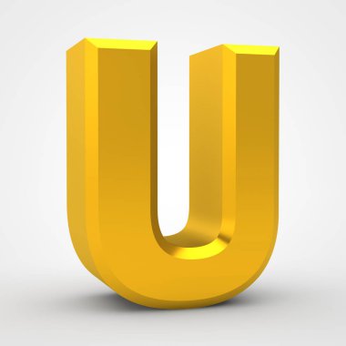 Beyaz arkaplan illüstrasyonunda U altın alfabesi sözcüğü 3D görüntüleme