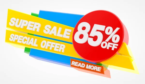 SUPER SALE SPECIAL OFFER 85 % OFF READ MORE word on white background illustration 3D rendering — 스톡 사진