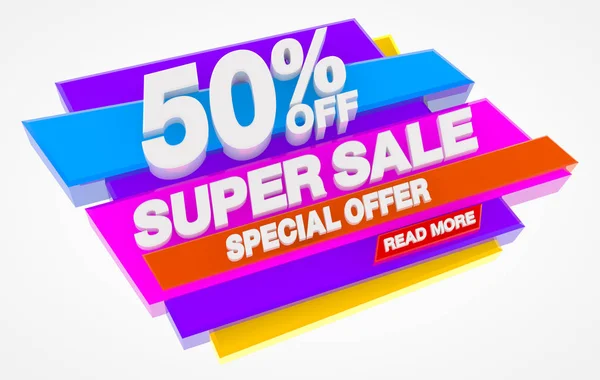 Super Sale Special Aanbieding 50% korting Lees meer woord op witte achtergrond illustratie 3d rendering — Stockfoto