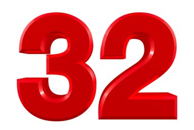 Red numbers 32 on white background illustration 3D rendering clipart