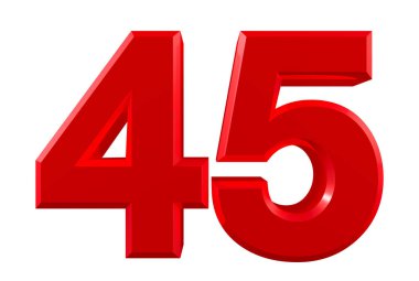 Red numbers 45 on white background illustration 3D rendering clipart