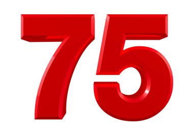 Beyaz arkaplan illüstrasyonunda 75 kırmızı numara 3D görüntüleme