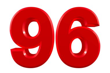 Beyaz arkaplan illüstrasyonunda kırmızı numaralar 96. 3D görüntüleme