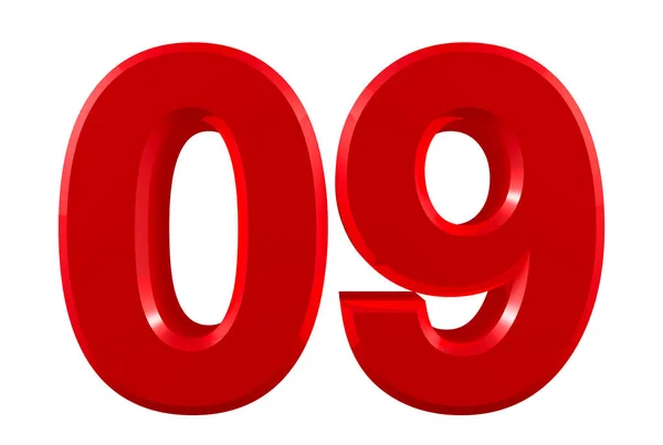 Červená čísla 09 na bílém pozadí ilustrace 3d vykreslování — Stock fotografie