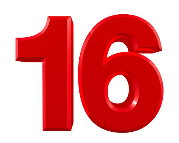 Red numbers 16 on white background illustration 3D rendering — Stock Photo, Image